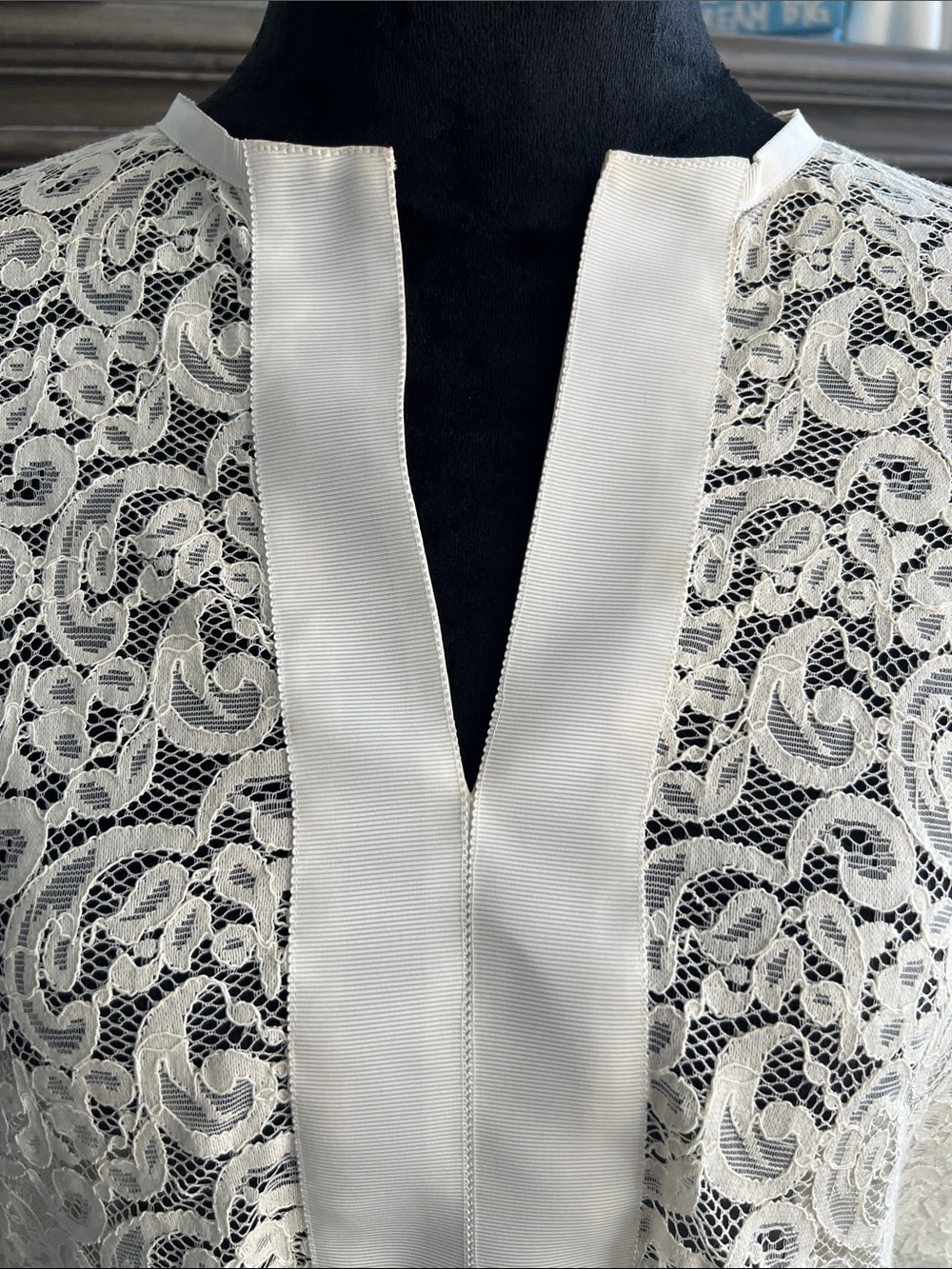 Ivory Lace Blouse with Satin Trim - Women's Elegant Pullover - Picture 5 of 12